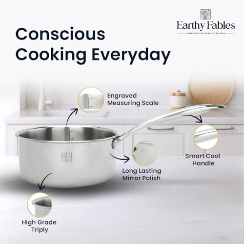 Earthy Fables Triply Stainless Steel Saucepan, Milk Pan/Tea Pan/Chai Pan, 16cm, 1.6Ltr, 0.85kg, Food Safe, No Chemical Coating, Easy to Clean & Rust Resistant, Stove & Induction Bottom - Image 3