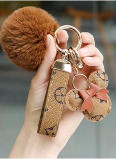 KeyAmor Light brown  keychain with elegant fluffy fur for women  A great option as a gift  Plaid leather and golden metal keychain includes matching accessories  - Image 1