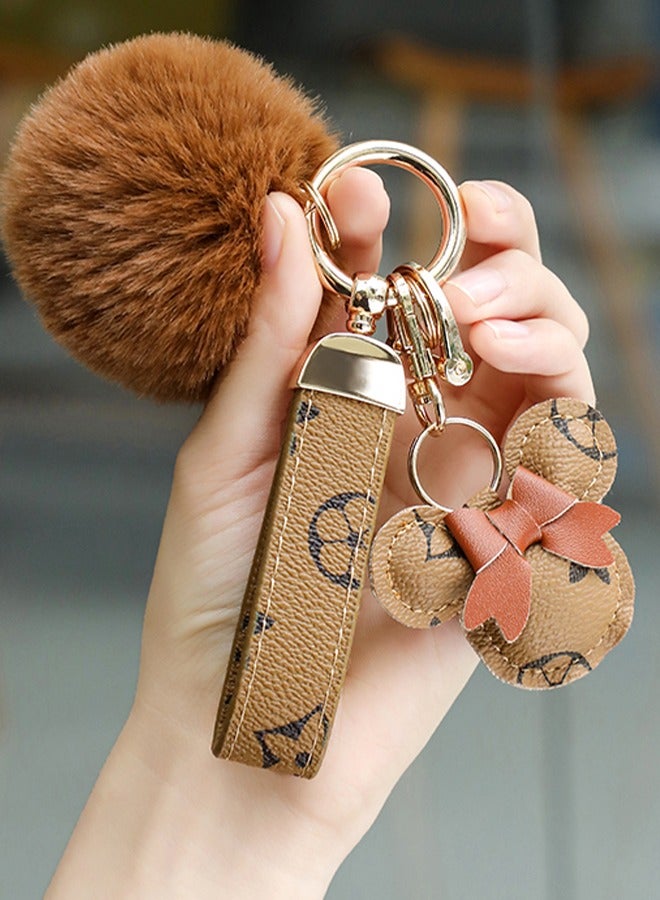 KeyAmor Light brown  keychain with elegant fluffy fur for women  A great option as a gift  Plaid leather and golden metal keychain includes matching accessories - Image 1