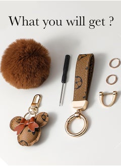 KeyAmor Light brown  keychain with elegant fluffy fur for women  A great option as a gift  Plaid leather and golden metal keychain includes matching accessories  - Image 2