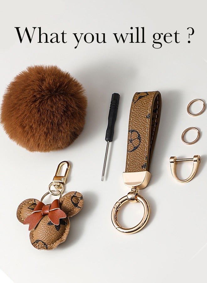 KeyAmor Light brown  keychain with elegant fluffy fur for women  A great option as a gift  Plaid leather and golden metal keychain includes matching accessories - Image 2