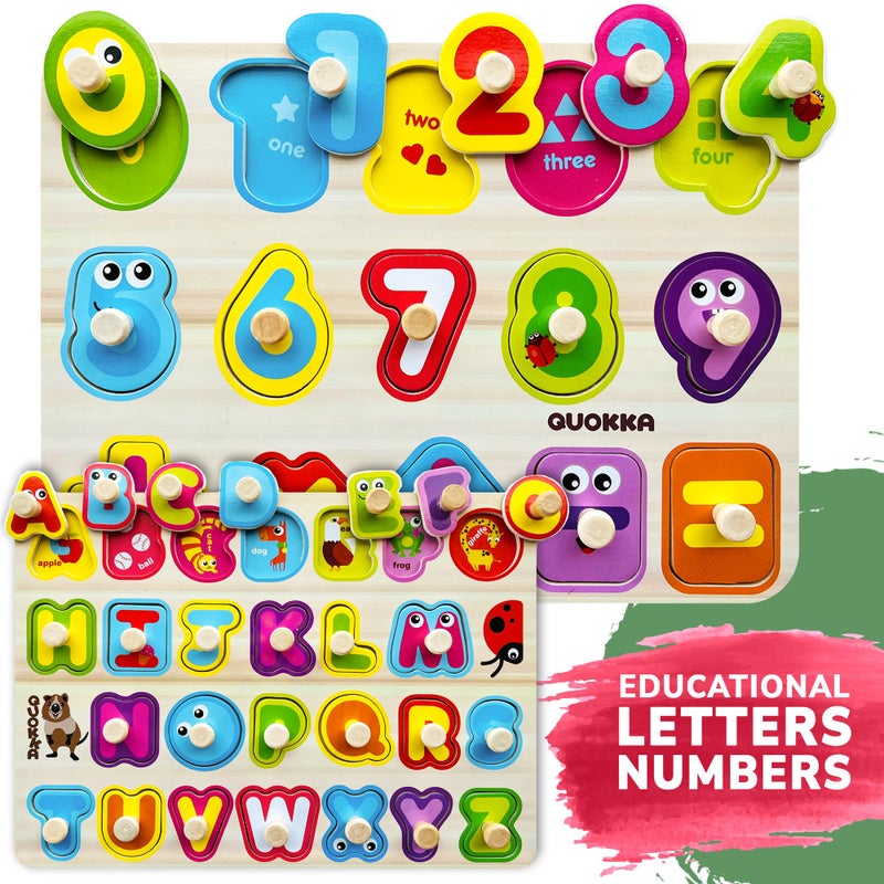 QUOKKA Wooden Puzzles for Toddlers 1-3 - 6XSET Toddler Puzzles Ages 2-4 with Rack - Learning Alphabet - Numbers - Animals Montessori Toy for Kids 3-5 - Wood Games Gift for Boys and Girls - Image 3