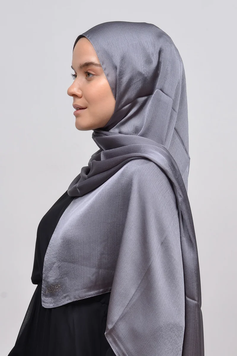 Altobeh Janjan Shiny Satin Textured Hijab Evening Dress Chiffon Shawl-Silver