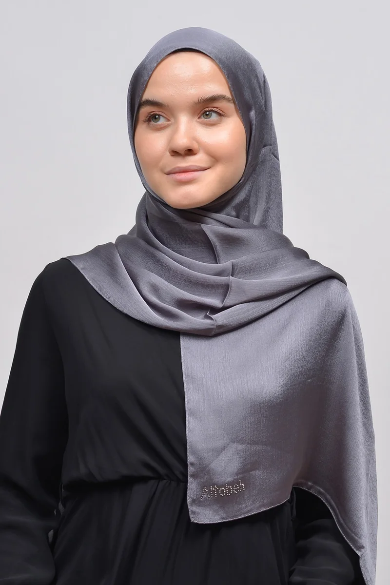 Altobeh Janjan Shiny Satin Textured Hijab Evening Dress Chiffon Shawl-Silver