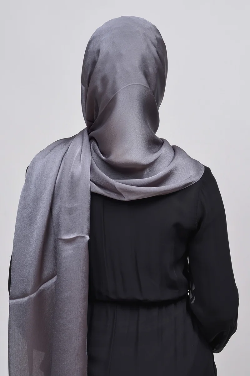 Altobeh Janjan Shiny Satin Textured Hijab Evening Dress Chiffon Shawl-Silver