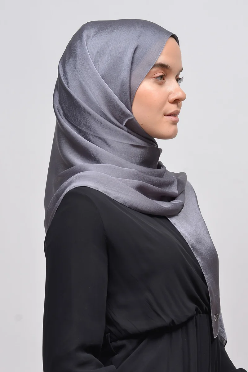 Altobeh Janjan Shiny Satin Textured Hijab Evening Dress Chiffon Shawl-Silver