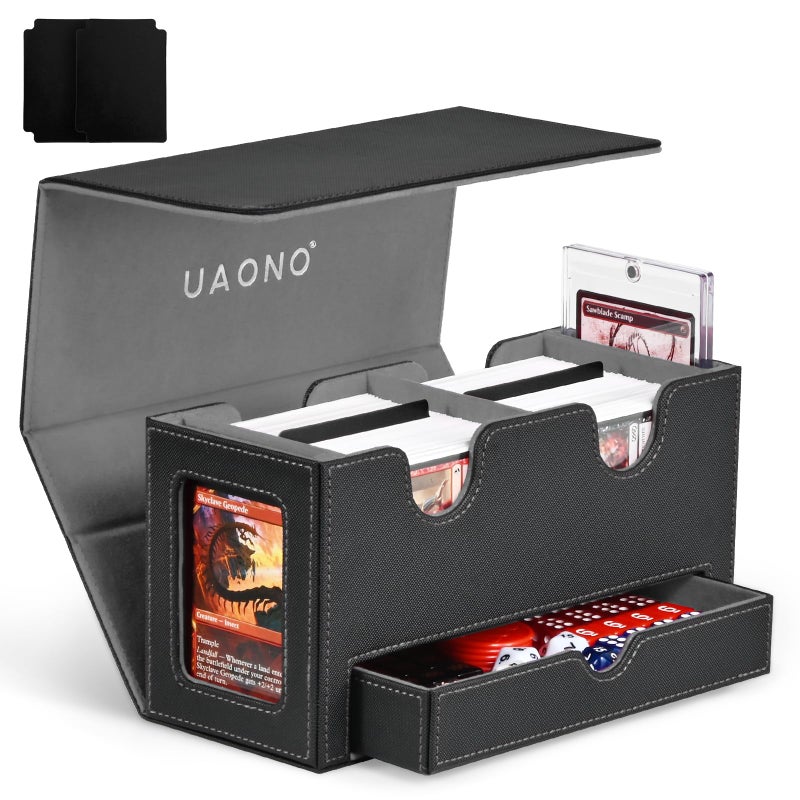 UAONO Card Deck Box for MTG Double Storage Box with 2 Commander Display 1 Dice Tray Fits 200 Double Sleeved Organizer for CCG TCG SportsBlack Gray - Image 2