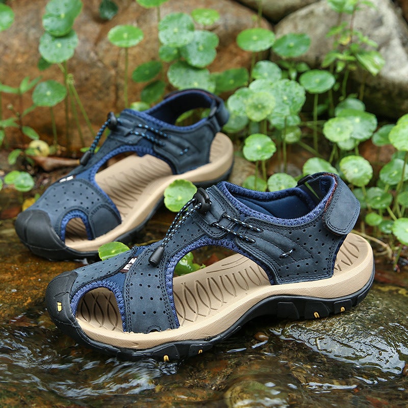 explosions men''s slippers top layer real cowhide summer hollow sandals outdoor breathable beach shoes men''s outdoor wear - Image 1