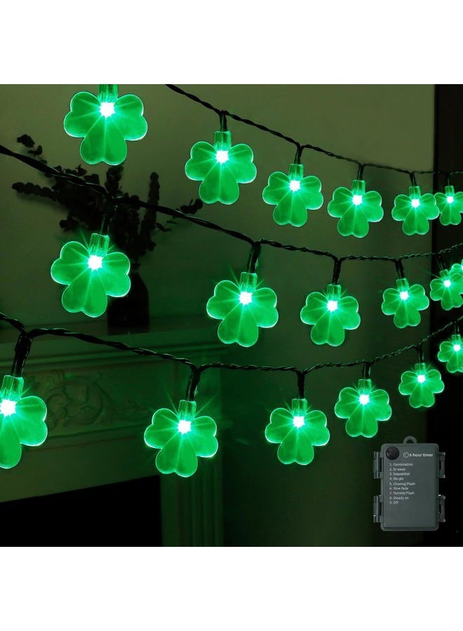 LJLNION St. Patrick's Day String Lights Outdoor, 50 LED 16 FT Shamrocks Decorative Green Leaf Lights Battery Operated, 8 Lighting Modes & Timer, Waterproof for Home Garden Party Decoration, 1 Pack - Image 1