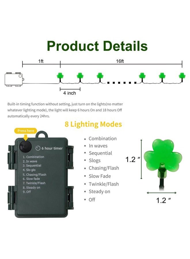 LJLNION St. Patrick's Day String Lights Outdoor, 50 LED 16 FT Shamrocks Decorative Green Leaf Lights Battery Operated, 8 Lighting Modes & Timer, Waterproof for Home Garden Party Decoration, 1 Pack - Image 3