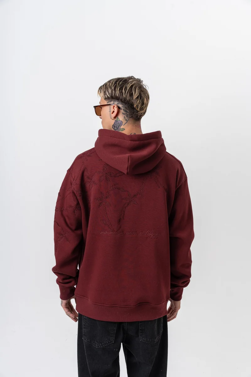 RESPIRE Men's Minimalism Series Embroidered Hooded Oversize Hoodie Bordeaux