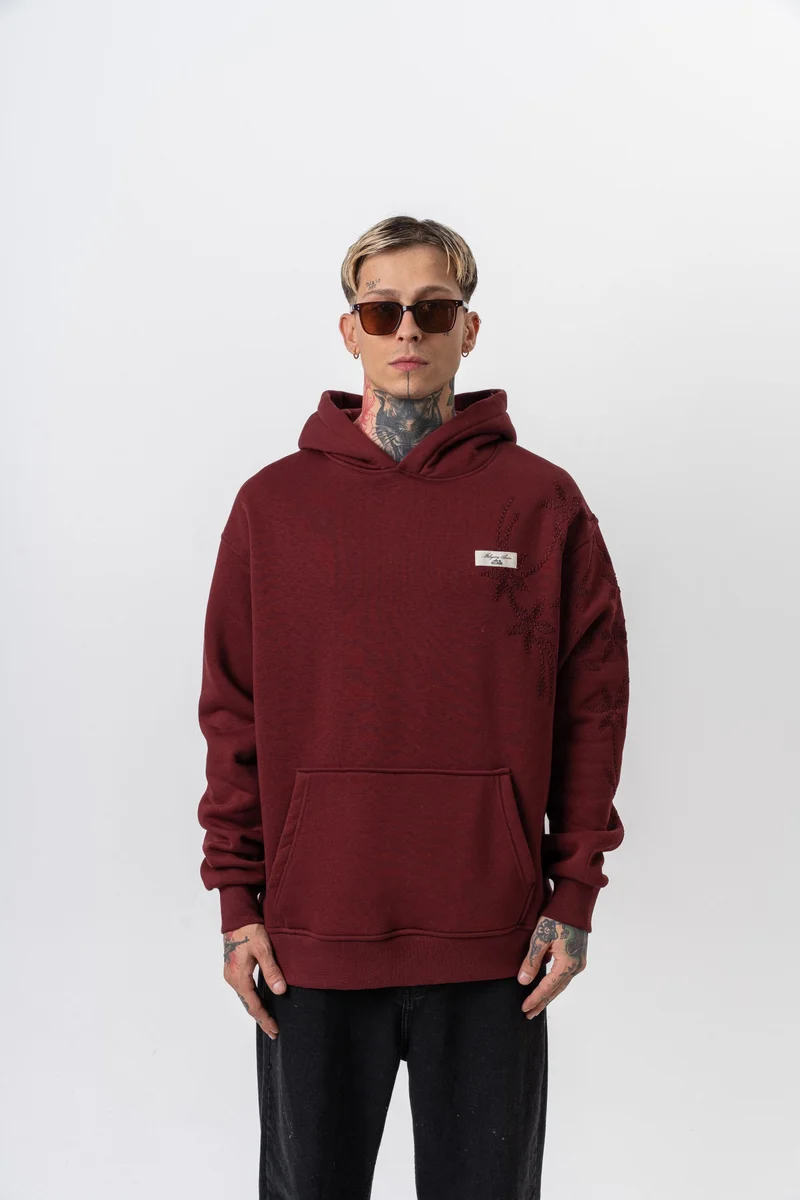RESPIRE Men's Minimalism Series Embroidered Hooded Oversize Hoodie Bordeaux