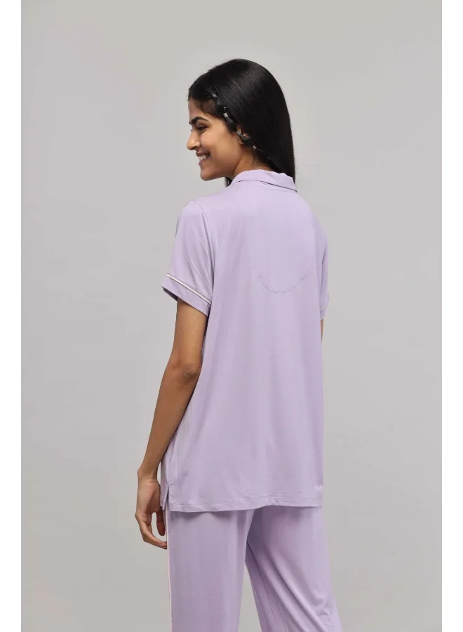 نسيسيرا Lavender Button Down Piping Half Sleeve Top