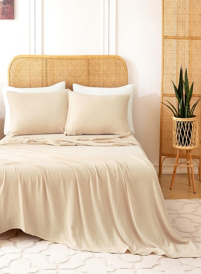 LUTBM Queen Sheet Set 100% Cotton Bed Sheets 2 Layer Gauze 4 Pcs Beige Queen Sheets Set - 16" Deep Pocket Sheet & Pillowcase Sets Boho Muslin Queen Sheets Soft Queen Bedding Sets for All Season - Image 1