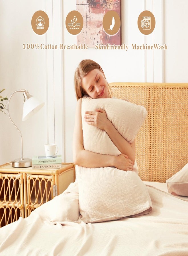 LUTBM Queen Sheet Set 100% Cotton Bed Sheets 2 Layer Gauze 4 Pcs Beige Queen Sheets Set - 16" Deep Pocket Sheet & Pillowcase Sets Boho Muslin Queen Sheets Soft Queen Bedding Sets for All Season - Image 3