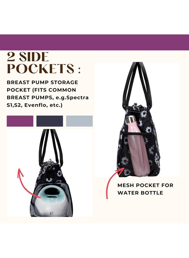 Pursetti Breast Pump Bag w/Cooler & 15” Laptop Sleeve as a Work Tote -Fits Common Breast Pumps Like Spectra S1, S2, Melela (Black Daisy) - Image 3