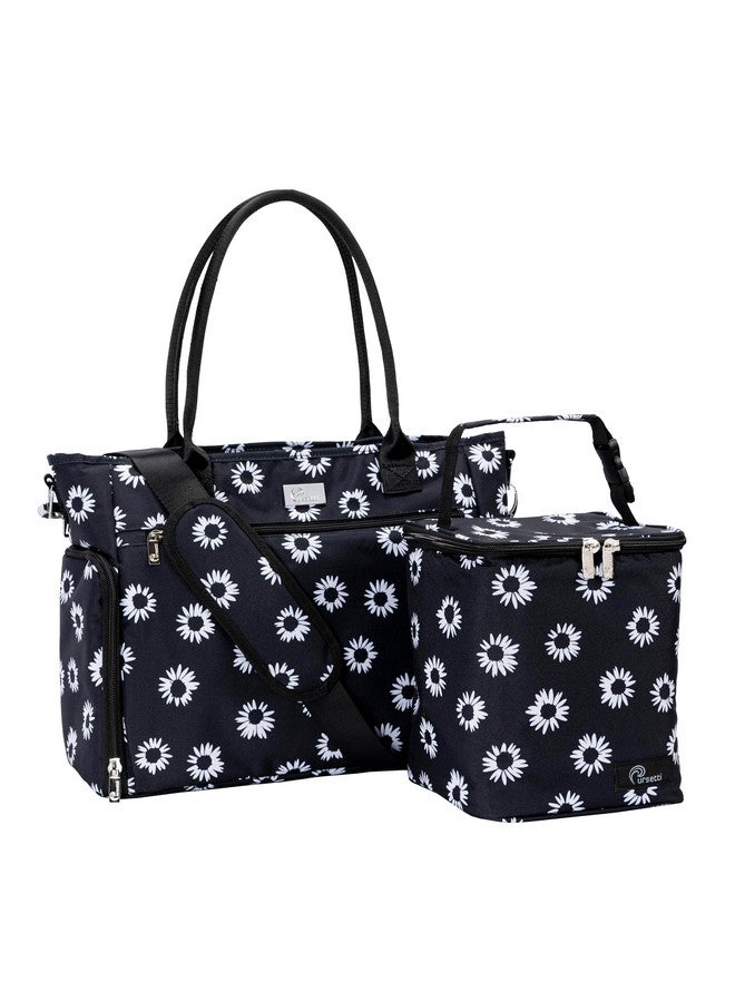 Pursetti Breast Pump Bag w/Cooler & 15” Laptop Sleeve as a Work Tote -Fits Common Breast Pumps Like Spectra S1, S2, Melela (Black Daisy) - Image 1