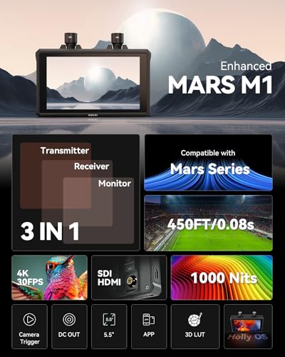 HollyView Hollyland Mars M1 Enhanced Wireless Transmitter & Receiver & Monitor, 3-in-1, SDI/HDMI Wireless Video Transmission System with 450ft (150m) Los Range and 0.08s Ultra-Low Latency, Solo Kit - Image 2