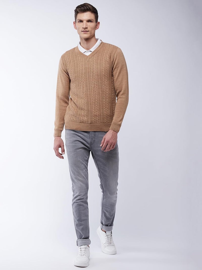 Pivl Men's V Neck Winter Solid Sweater - Warmth and Style for The Season_Beige_L - Image 2