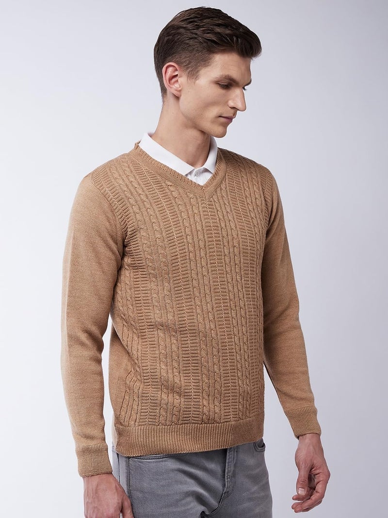 Pivl Men's V Neck Winter Solid Sweater - Warmth and Style for The Season_Beige_L - Image 4