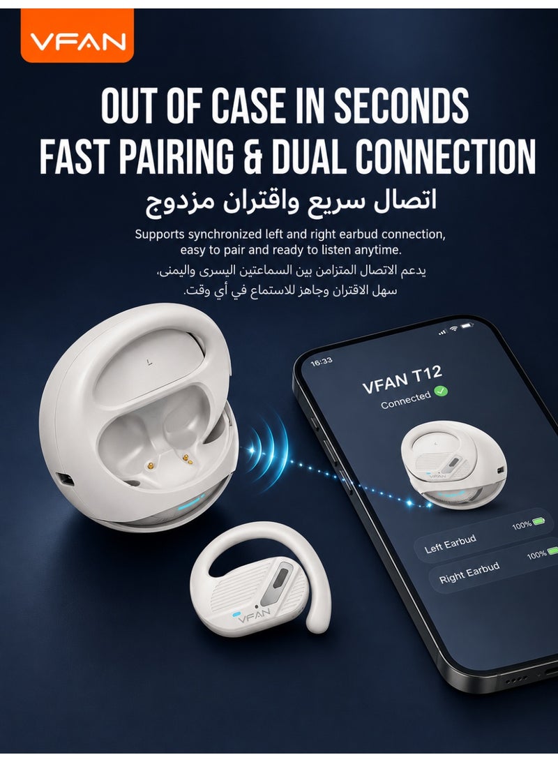 VFAN T12 True Wireless Sports Earbuds Bluetooth 5.3 with Secure Ear Hook Fit, Smart Touch Control, Built-in Mic, Type-C Charging Case, Up to 7H Music Playtime, Compatible with iOS & Android, White - Image 3