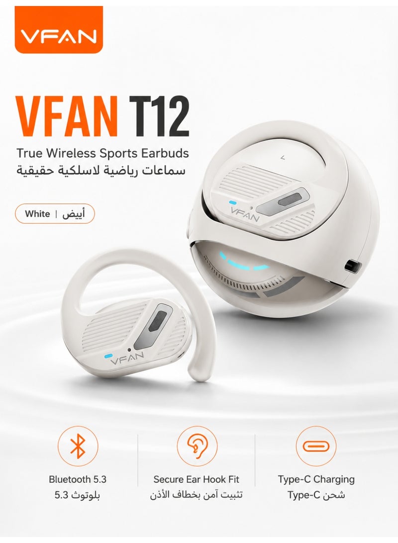VFAN T12 True Wireless Sports Earbuds Bluetooth 5.3 with Secure Ear Hook Fit, Smart Touch Control, Built-in Mic, Type-C Charging Case, Up to 7H Music Playtime, Compatible with iOS & Android, White - Image 1