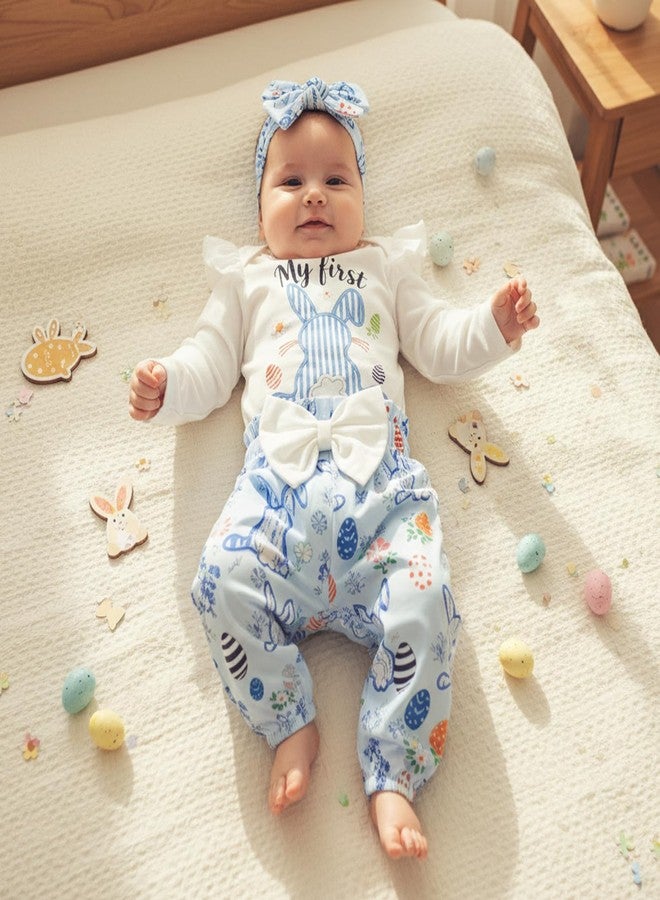 Honganda My First Easter Baby Girl Outfit Ruffle Sleeve Bunny Romper Onesie with Bow Pants Headband 3Pcs Easter Clothes Set (White, 6-9 Months) - Image 3
