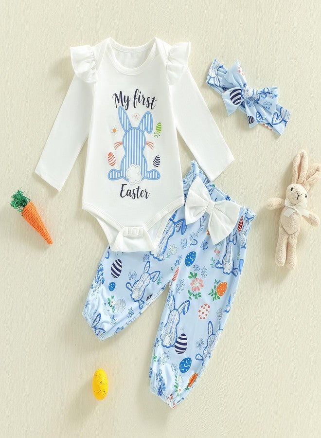 Honganda My First Easter Baby Girl Outfit Ruffle Sleeve Bunny Romper Onesie with Bow Pants Headband 3Pcs Easter Clothes Set (White, 6-9 Months) - Image 5