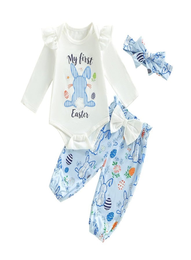 Honganda My First Easter Baby Girl Outfit Ruffle Sleeve Bunny Romper Onesie with Bow Pants Headband 3Pcs Easter Clothes Set (White, 6-9 Months) - Image 1