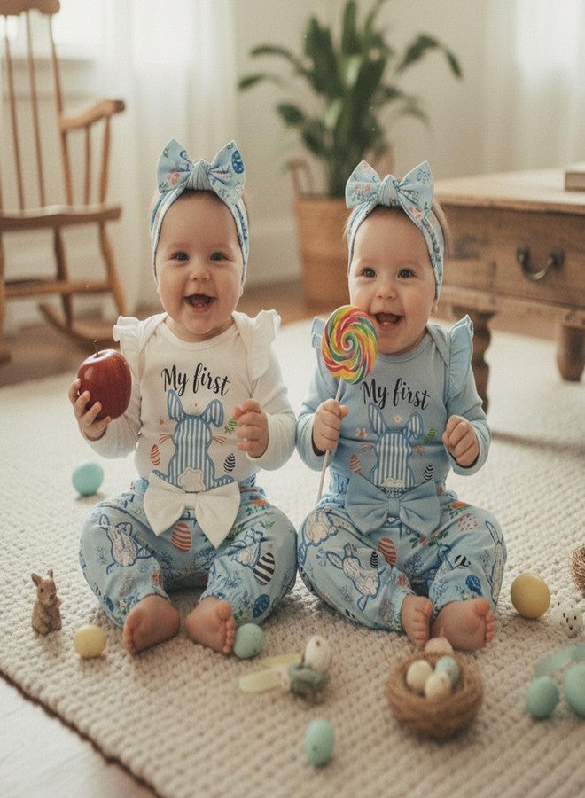 Honganda My First Easter Baby Girl Outfit Ruffle Sleeve Bunny Romper Onesie with Bow Pants Headband 3Pcs Easter Clothes Set (White, 6-9 Months) - Image 4