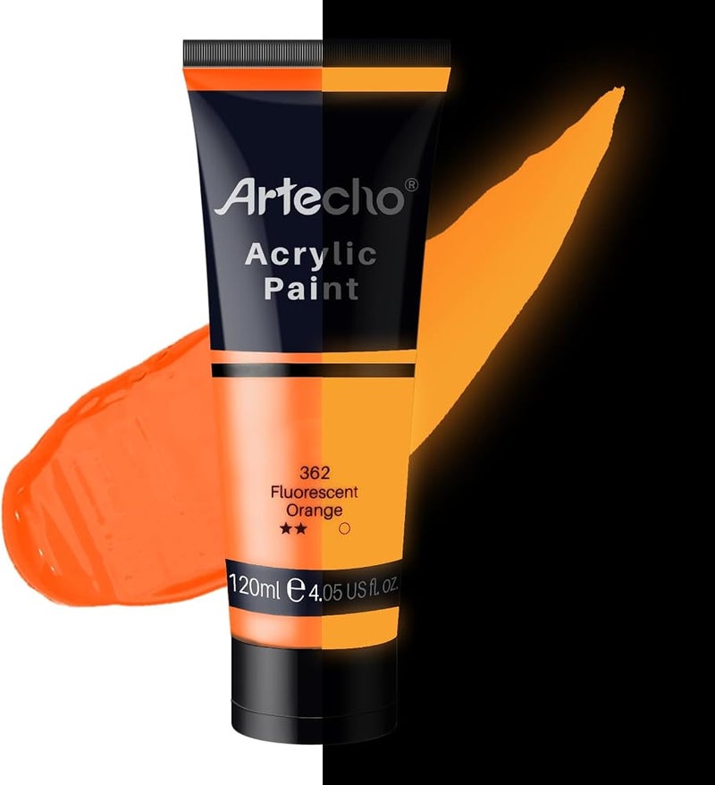 Artecho Glow in the Dark Paint, Neon Orange Paint (120ml 4.05oz) Tubes, Art Craft Paints for Canvas, Rock, Stone, Wood, Fabric, Art Supplies - Image 1