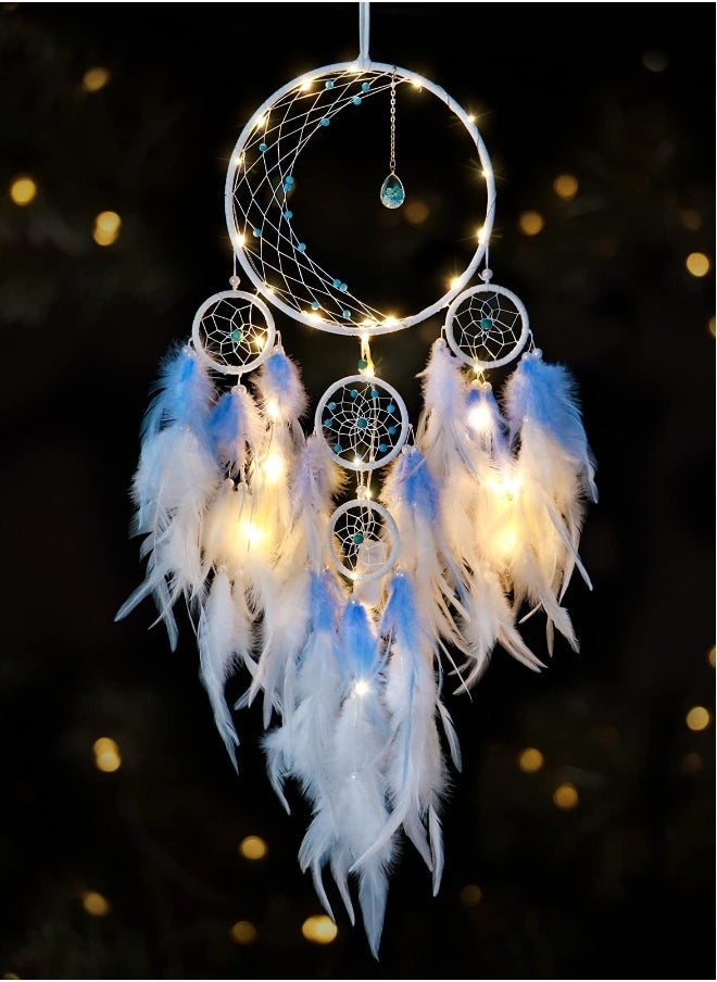 LED Light Up Dream Catcher Half Circle Moon Decor with Lights Handmade Feather Dreamcatchers for Bedroom Bohemian Home Wedding Ornament Craft Gift, Blue