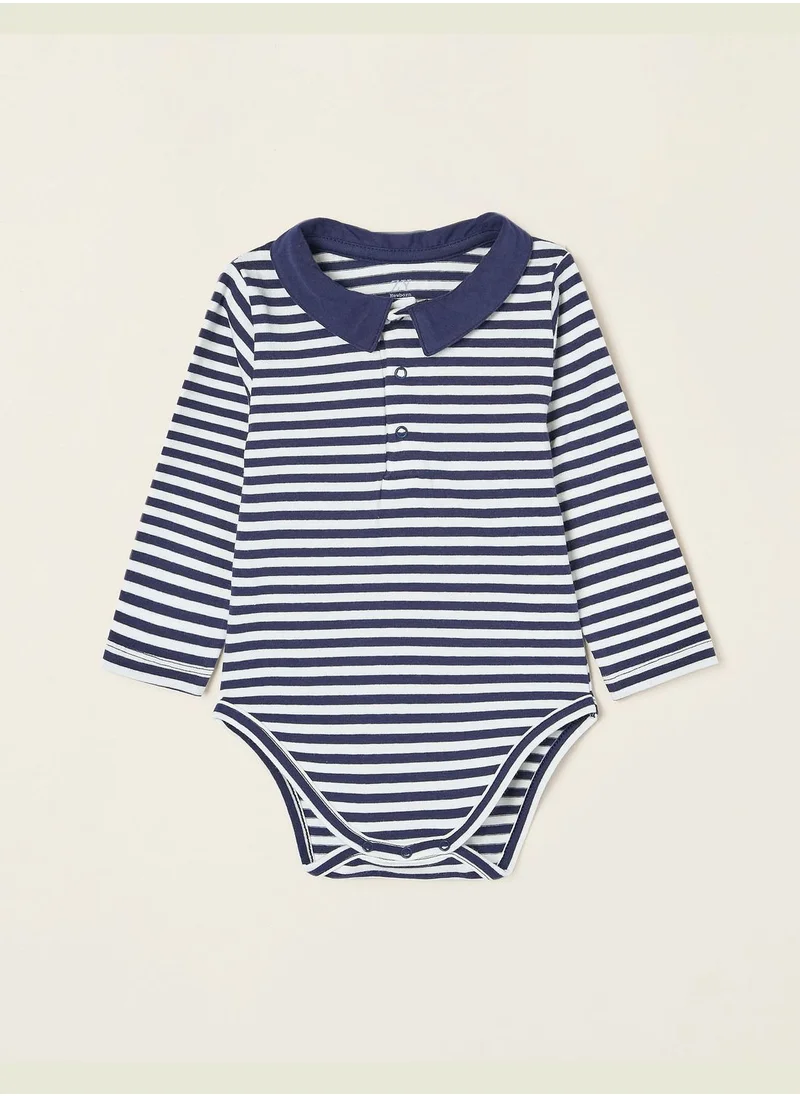 Zippy Zippy Cotton Polo-Bodysuit For Baby Boys - White Dark Blue