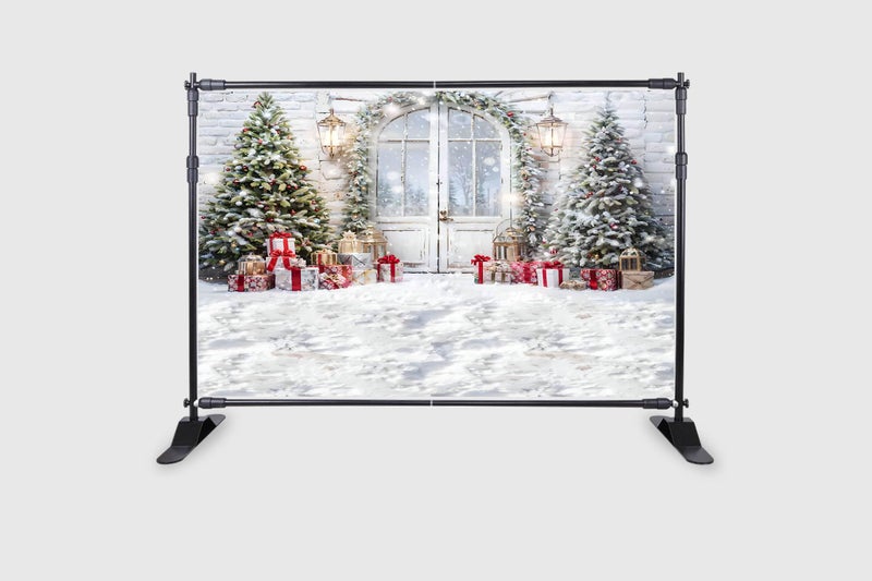 Backdropon Christmas Backdrops for Pictures Christmas Trees White Snow Brick Wall White Door and Gift Background Photo Studio Props Size 5Feet Height & 8Feet Width(5 * 8) - Image 2
