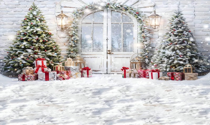 Backdropon Christmas Backdrops for Pictures Christmas Trees White Snow Brick Wall White Door and Gift Background Photo Studio Props Size 5Feet Height & 8Feet Width(5 * 8) - Image 1