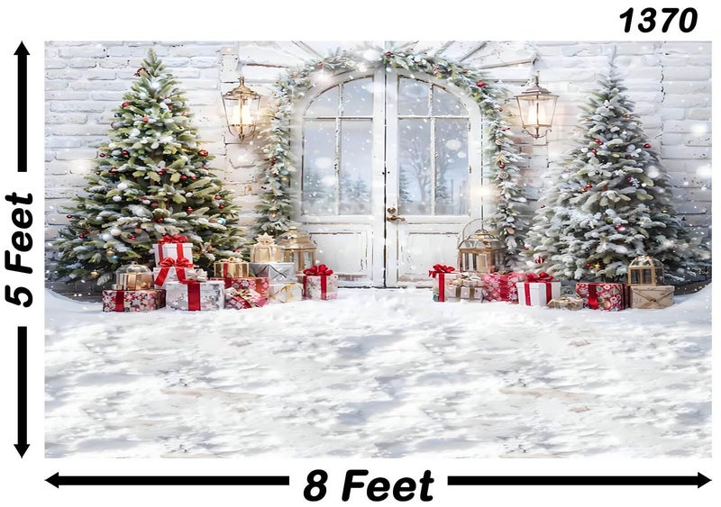 Backdropon Christmas Backdrops for Pictures Christmas Trees White Snow Brick Wall White Door and Gift Background Photo Studio Props Size 5Feet Height & 8Feet Width(5 * 8) - Image 3