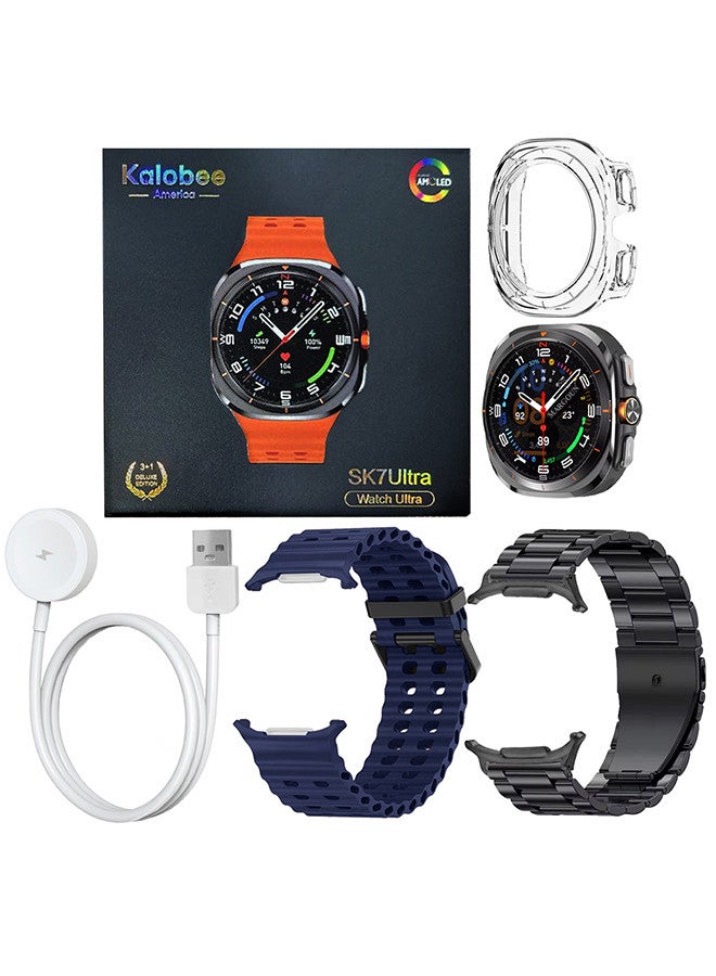 Kalobee حزمة ساعة SK7 الذكية الفائقة مع الملحقات بما في ذلك 1 حزام من الفولاذ المقاوم للصدأ الأسود 1 حزام سيليكون أزرق منتصف الليل وكابل شحن وحافظة واقية من TPU - Image 4