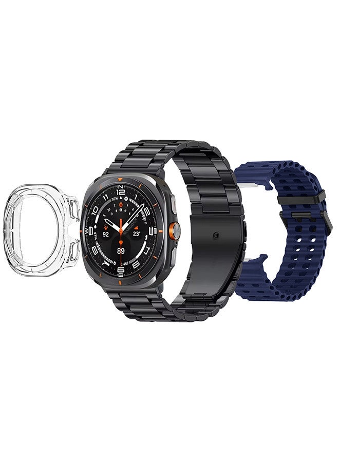 Kalobee حزمة ساعة SK7 الذكية الفائقة مع الملحقات بما في ذلك 1 حزام من الفولاذ المقاوم للصدأ الأسود 1 حزام سيليكون أزرق منتصف الليل وكابل شحن وحافظة واقية من TPU - Image 3