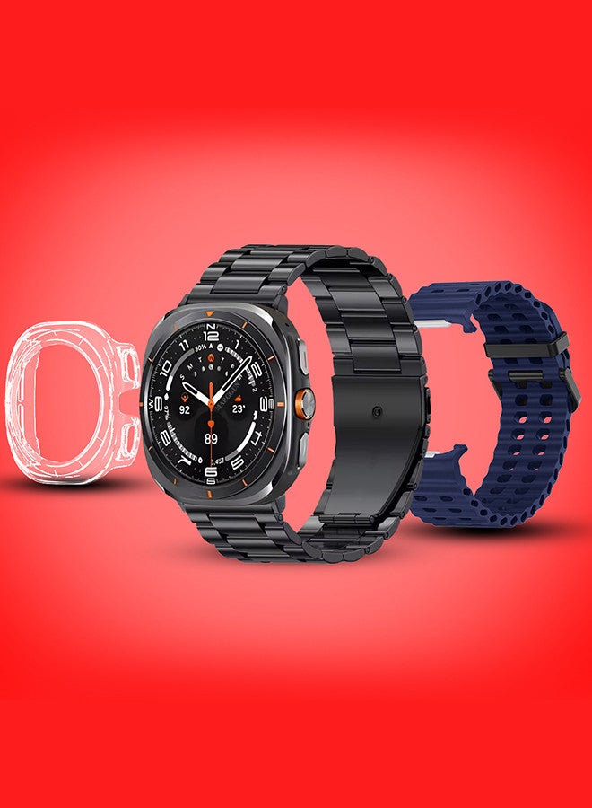 Kalobee حزمة ساعة SK7 الذكية الفائقة مع الملحقات بما في ذلك 1 حزام من الفولاذ المقاوم للصدأ الأسود 1 حزام سيليكون أزرق منتصف الليل وكابل شحن وحافظة واقية من TPU - Image 2