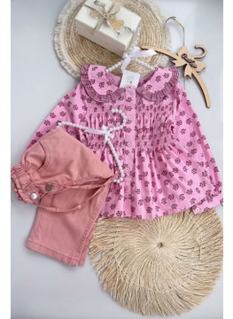 Miniğimin Cicileri My Little Ones Flower Patterned Collar Detailed Shirt and Trousers Girls Set - Pink 