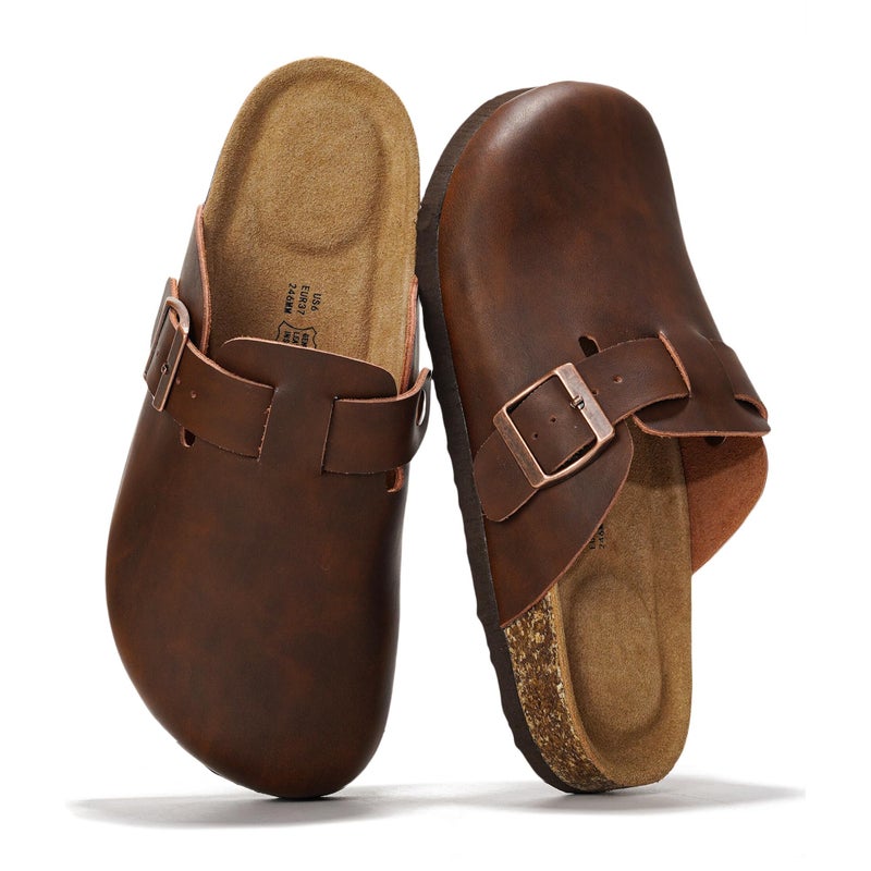 Project Cloud 100% Genuine Leather Footbed Clogs for Women - Memory Foam Arch Support Slippers for Women - Trendy Slip-ons Women's Mules & Clogs Sandals (Benton_W,BRWNDIS,8.5) - Image 1