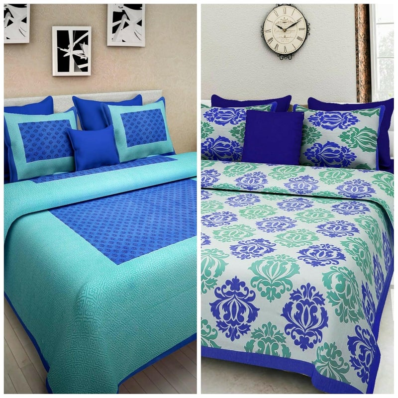 Suraaj Fashion Suraaj Fashion Combo Bedsheets for Double Bed Cotton 100 Jaipuri Cotton Combo Set of 2 Double Bedsheets with 4 Pillow Covers 
