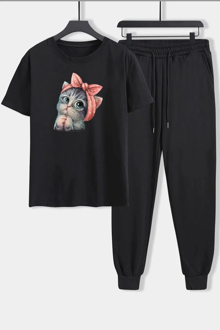 ONLYTRENDWEAR Unisex Cute Cat Printed 2-Piece Tracksuit Set S.m. Black