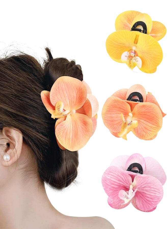 WELROG Orchid Flower Hair Claw Clips 3 Pack - Medium 11cm Spring Hair Claws for Women, Hawaiian Beach Hair Clips for Beach Party Wedding - Image 1