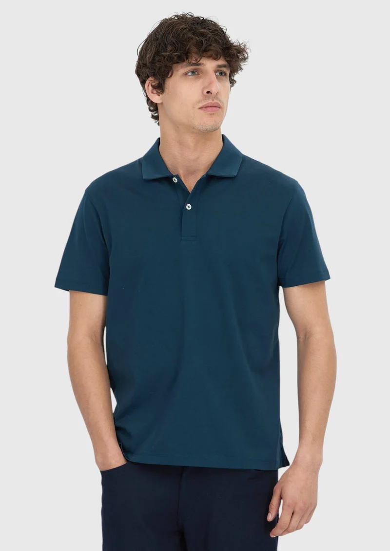 RAMSEY Petrol Blue Plain Polo Neck 100% Cotton T-Shirt