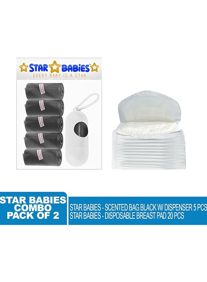 STAR BABiES Combo Pack Of 2 Scented Bag Pack Of 5 (75 Bags W/Dispenser) With Breast Pad (20 Pcs) Black - Image 2