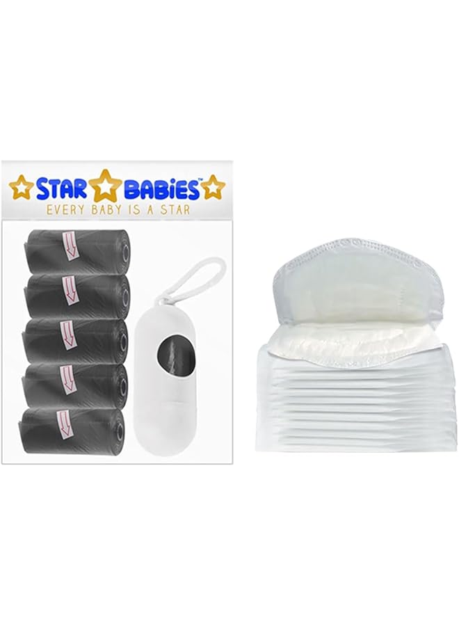 STAR BABiES Combo Pack Of 2 Scented Bag Pack Of 5 (75 Bags W/Dispenser) With Breast Pad (20 Pcs) Black - Image 1