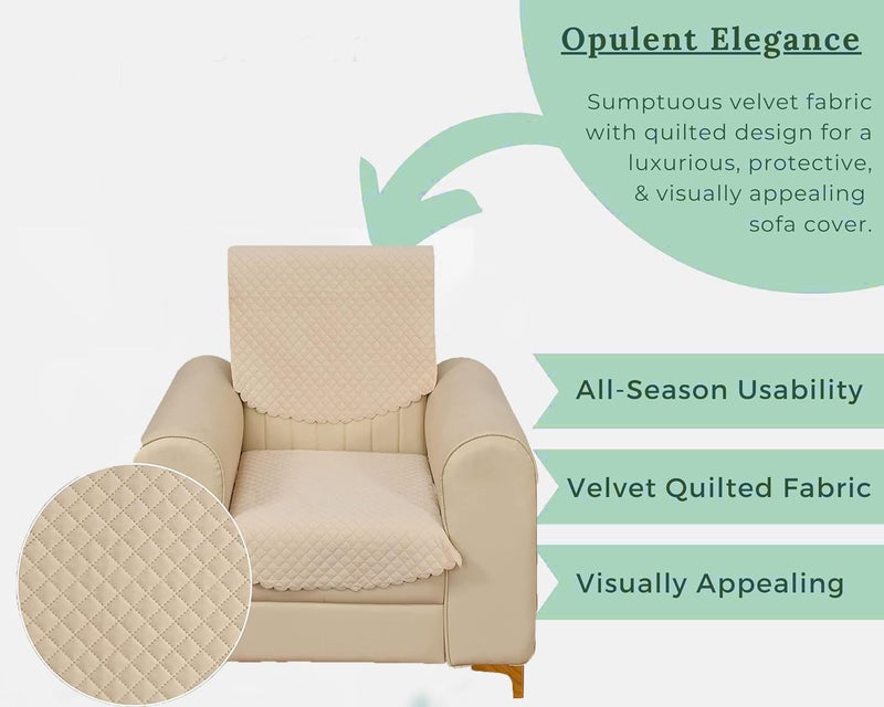 STARNSTYLE Velvet Self Design Quilted Sofa Chair Cover 1 Seater Beige - Image 5