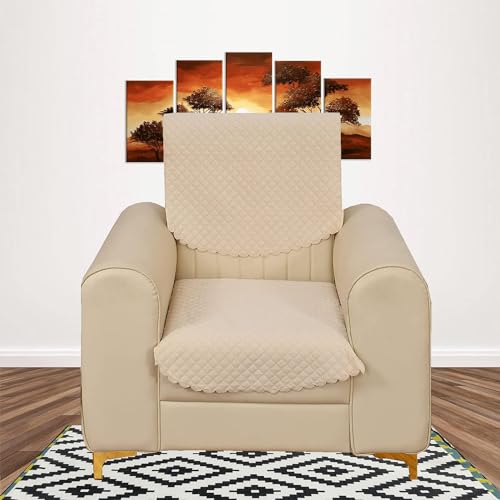 STARNSTYLE Velvet Self Design Quilted Sofa Chair Cover 1 Seater Beige - Image 2