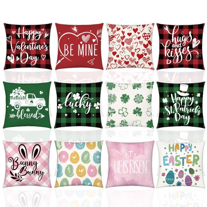 12 PCS VALENTINES DAY PILLOW COVERS 18 X 18 INCH ST PATRICKS DAY EASTER THROW PILLOW COVERS BUFFALO PLAID SEASONAL HOLIDAY PILLOWCASES FOR COUCH SOFA BED HOME DECOR GIFTS PARTY